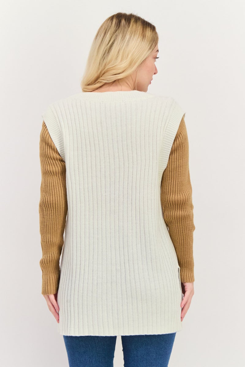 Black Tape سترة نسائية بدون أكمام على شكل حرف V، عاجي - Image 3